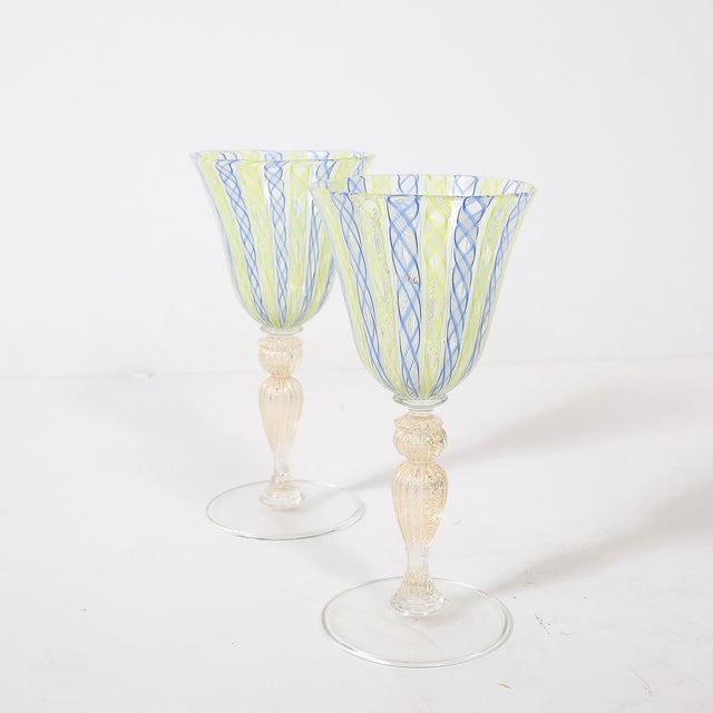 Metal Set of 8 Hand-Blown Murano Latticino Blue & Chartreuse Wine Glasses W/ 24k Gold For Sale - Image 7 of 18