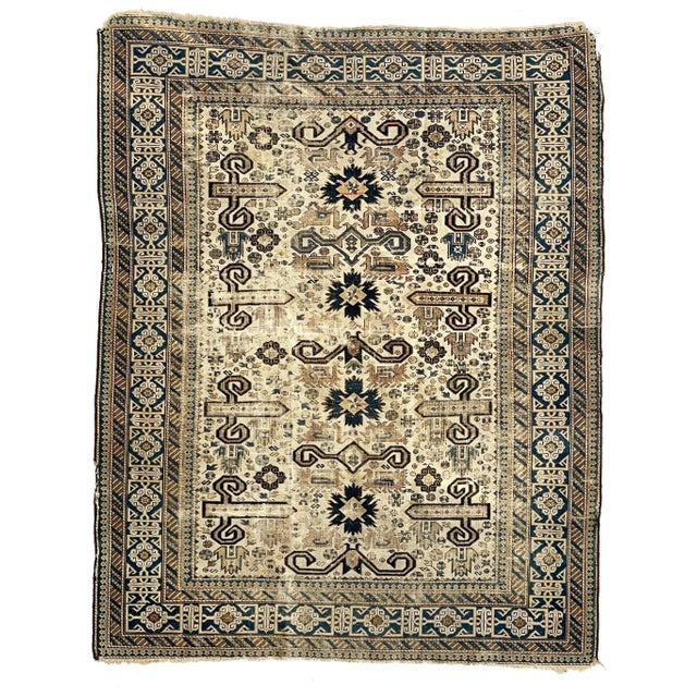 Antique Caucasian Prepidil with Ram Horns in Beige & Navy Rug 4 x 5 For Sale - Image 13 of 13