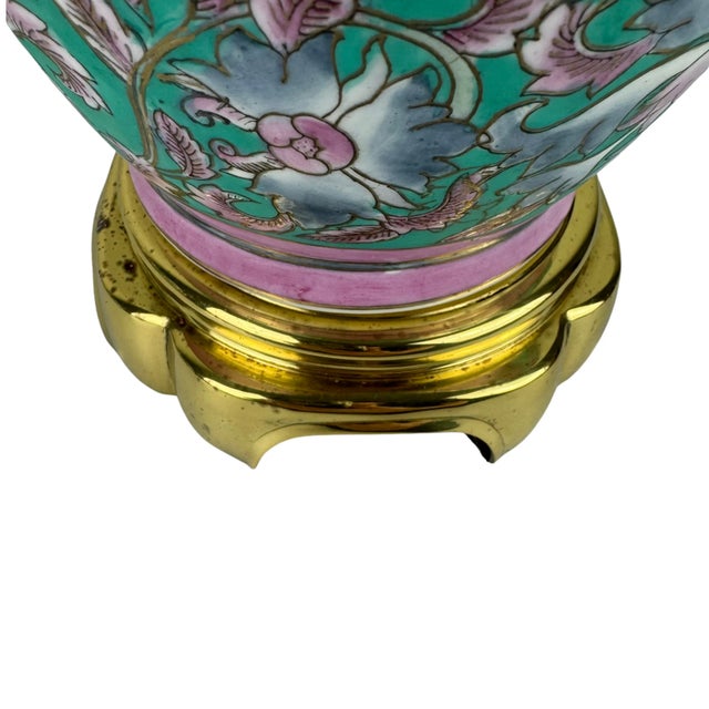 1960s Vintage Asian Turquoise Floral Chinoiserie Hand Painted Ceramic Table Lamp For Sale - Image 5 of 9
