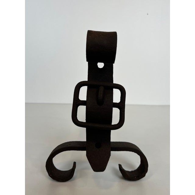 Pair of 1950s Cast Iron and Wrought Iron Andirons Representing a Belt For Sale - Image 11 of 12