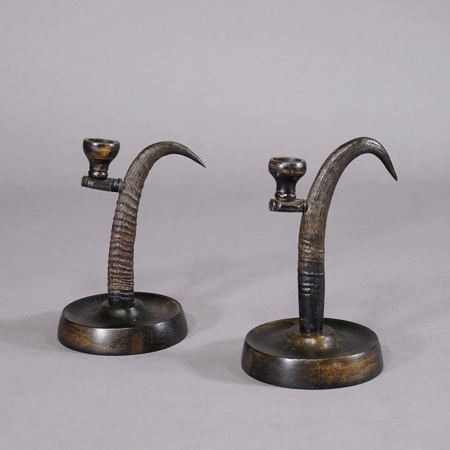 A Pair Lovely Antique Candle Holders with Chamois Horns A lovely pair of rustic candle holders, made of horns from the...