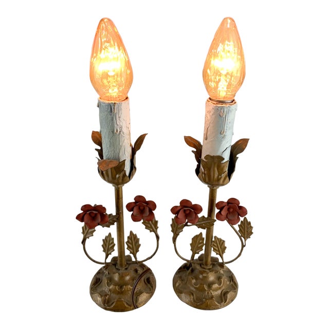 Pair Antique Vintage Victorian Tole Metal Flower Table Lamps Cast Base For Sale