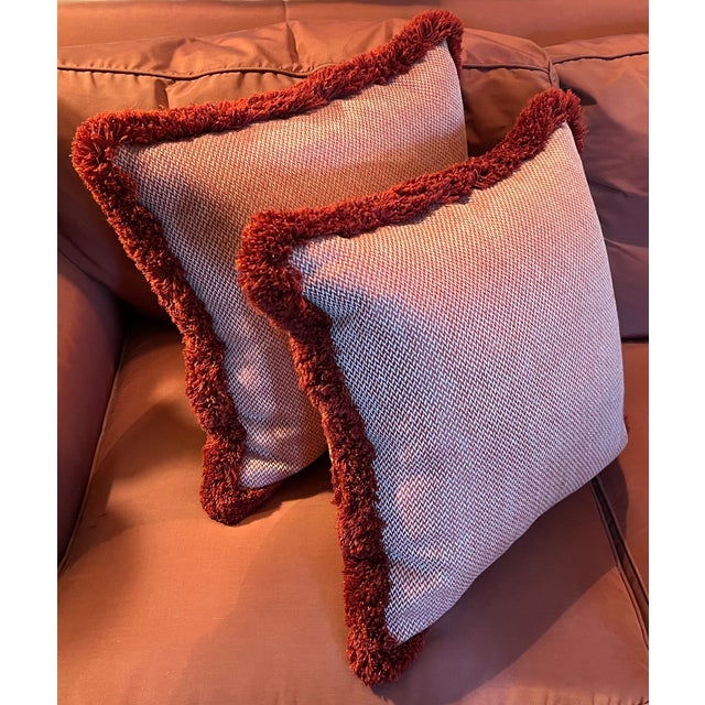 Custom Red & White Woven Chevron Pillows With Passementerie Fringe Trim - A Pair For Sale - Image 4 of 10