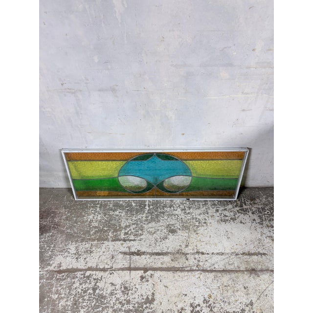 Vintage Geometric Stained Leaded Glass Window Panel For Sale - Image 6 of 10
