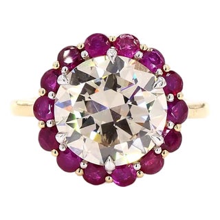 5.28 Carat Old European Cut Diamond Ruby Gold Ring, Size 6.5 For Sale