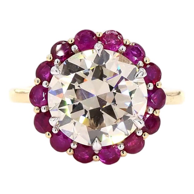 5.28 Carat Old European Cut Diamond Ruby Gold Ring, Size 6.5 For Sale