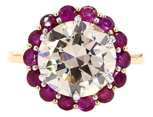 5.28 Carat Old European Cut Diamond Ruby Gold Ring, Size 6.5