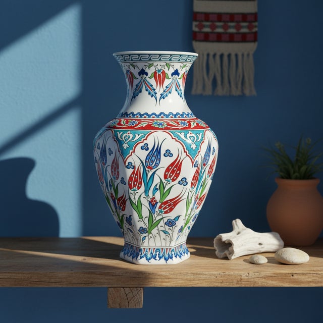 Turkish Handmade Ceramic Iznik Vase (Faceted Form) Red Tulip and Blue Arch Pattern For Sale - Image 3 of 8