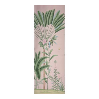 Hand Painted Blush Pink Tropical Palm Parrot Floral Mural Panel For Sale