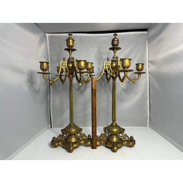 Antique Brass Candelabra Pair, Movement Gold Gilt Finish For Sale - Image 10 of 10
