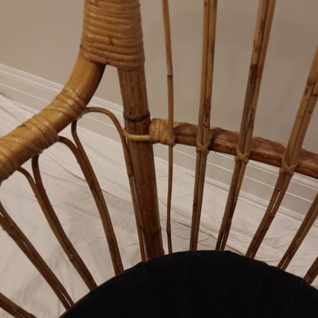 Vintage Wicker and Bamboo Bucket Chair Comes With a Black Cushion For Sale - Image 14 of 18