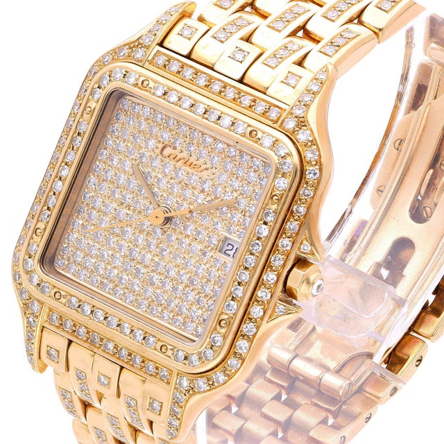 1980s Cartier Panthere Ref 8839 Jumbo 27mm Full Pave Diamond 18k Yellow Gold Watch For Sale - Image 9 of 11