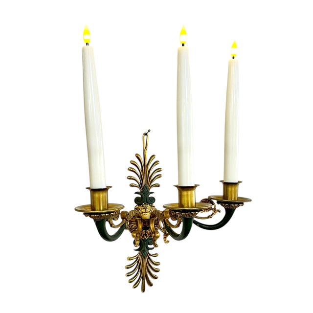 Early 20th Century Antique Pair French Empire Gilt Bronze Candle Sconces Floral Scroll Arms For Sale - Image 5 of 17