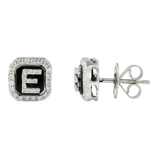 Diamond Enamel E Initial Pushback Studs Earrings in 18k Solid White Gold- 2 Pieces For Sale