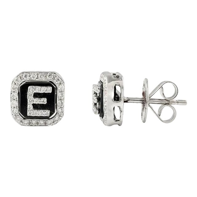 Diamond Enamel E Initial Pushback Studs Earrings in 18k Solid White Gold- 2 Pieces For Sale
