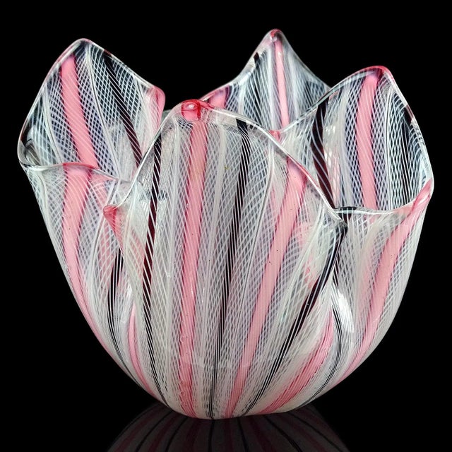 Beautiful vintage Murano hand blown white Zanfirico ribbons with pink and black lines Italian art glass decorative...