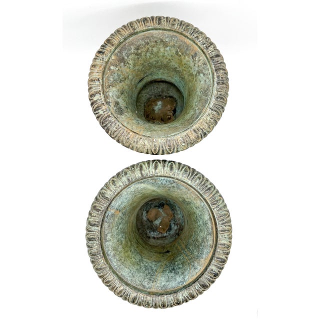 20th Century French Style Green Verdigris Cast Iron Urns With Patina - A Pair For Sale - Image 4 of 9
