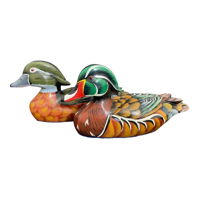 A Pair of Artisan Wood Duck Drake & Hen Decoys For Sale