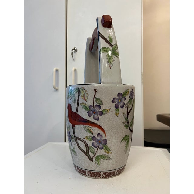 Mid 20th Century Vintage Floral & Bird Ceramic Water Bucket Vase/Planter For Sale - Image 5 of 12