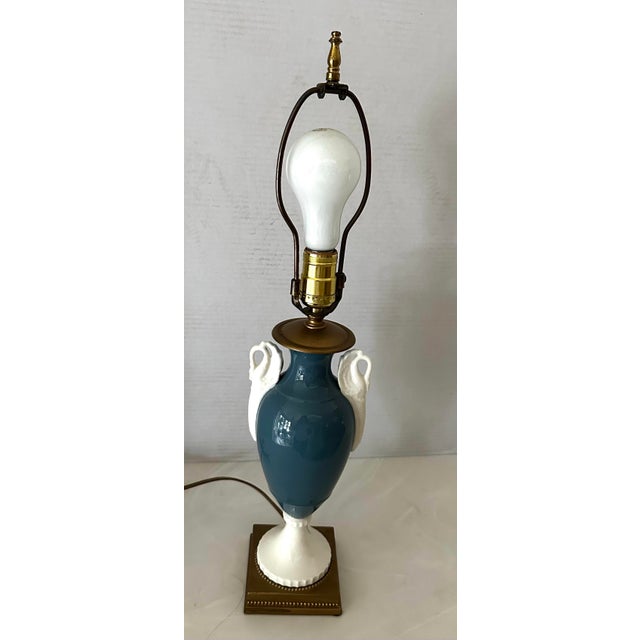 Elegant Lenox teal blue porcelain urn with ivory white swan handles on a brass base. Circa 1940’s Made in USA! Measures...