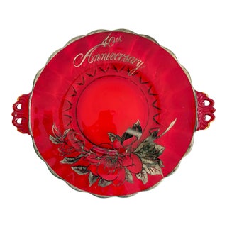 Vintage 40th Anniversary Ruby Red Glass Handled Plate With Silver Floral Overlay, 13” For Sale