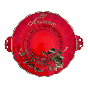 Vintage 40th Anniversary Ruby Red Glass Handled Plate With Silver Floral Overlay, 13”