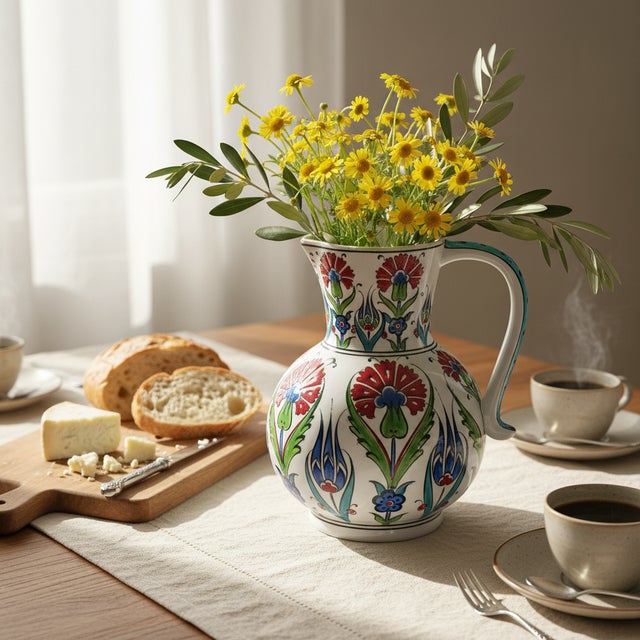 Traditional Handmade Ceramic Pitcher Vase (20cm) Traditional Turkish Carnation Pattern with Handle – Decorative Jug Art Decor For Sale - Image 3 of 6