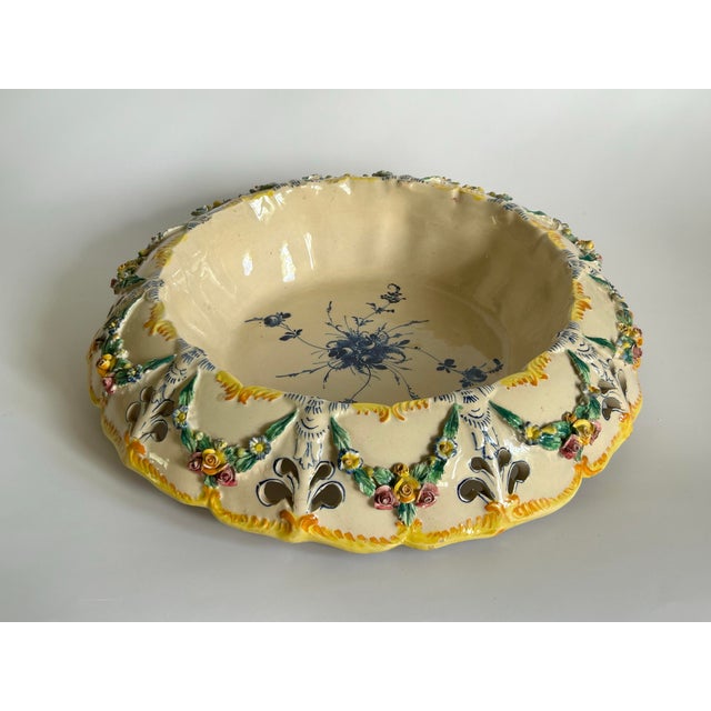 Ceramic Antique Italian Nove Agostinelli & Dal Prà Majolica Floral Reticulated Centerpiece Bowl, C. 1920s–1930s For Sale - Image 7 of 12