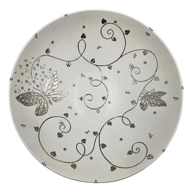 1980s Emilia Castillo Large Porcelain & Pure Silver Butterfly Bowl, Taxco Mexico For Sale
