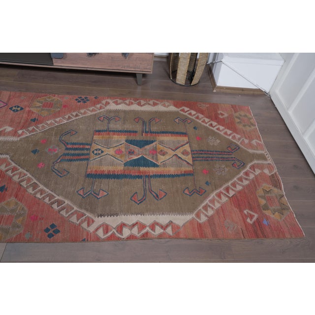 1970s Vintage Handwoven Turkish Runner - Terracotta & Teal Medallion Rug For Sale In San Francisco - Image 6 of 8
