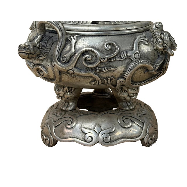 Metal Chinese Silver Color Round Dragon Theme Incense Burner Display Art For Sale - Image 7 of 18