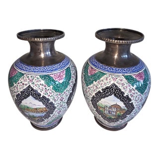 Pair of Persian SilvervAnd Enamel Vases For Sale