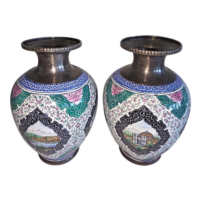 Pair of Persian SilvervAnd Enamel Vases For Sale