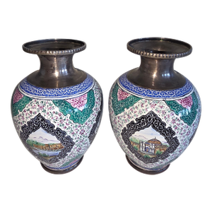 Pair of Persian SilvervAnd Enamel Vases