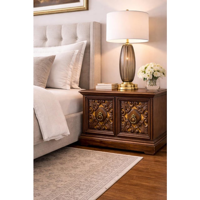 Burnt Umber Mid 20th Century Pair of Spanish Revival Carved Walnut Nightstands With Velvet Backed Doors and Brass Ring Pulls For Sale - Image 8 of 9