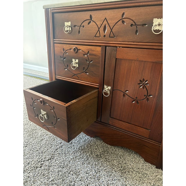 Victorian Eastlake Walnut Washstand With Marble Top — Incised Decoration, Circa 1880s For Sale - Image 4 of 4