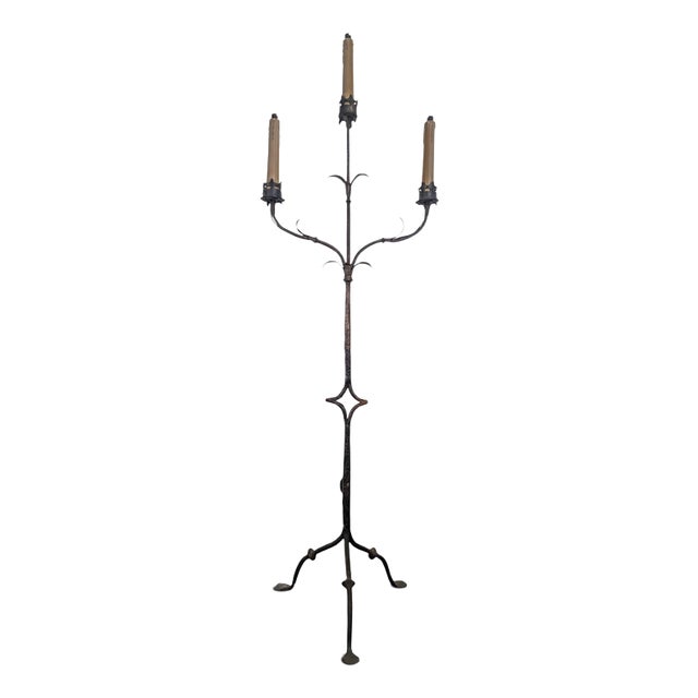 Gothic Style Wrought Iron Torchère 3-Arm Floor Lamp For Sale