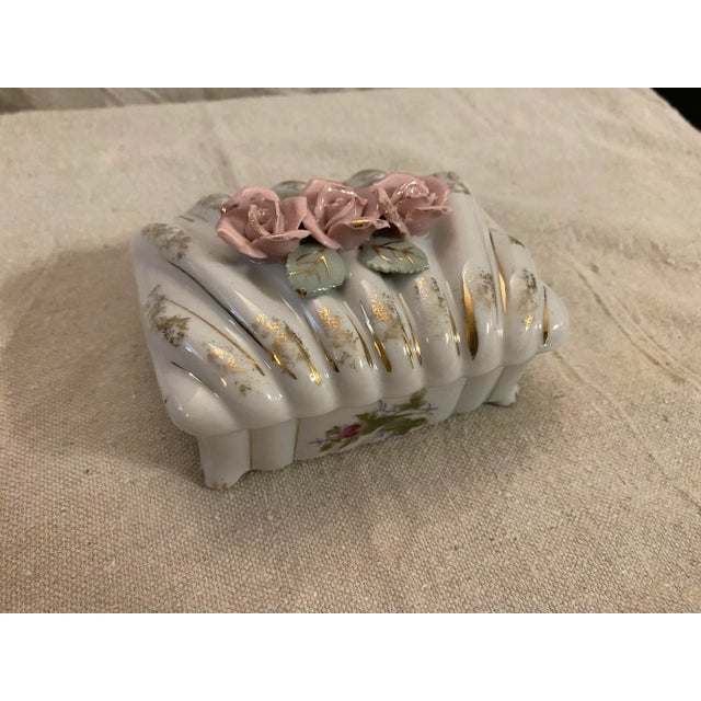 Ceramic 1960s Vintage Porcelain Frosted Flowers White Gilded Trinket Box For Sale - Image 7 of 12