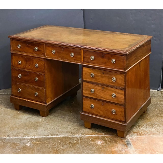English English Double Pedestal Desk of Mahogany With Embossed Leather Top For Sale - Image 3 of 11