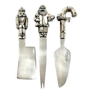 1990s Silver-Plated Christmas Cheese Knife Serving Set - Nutcracker, Santa & Candy-Cane - Set of 3