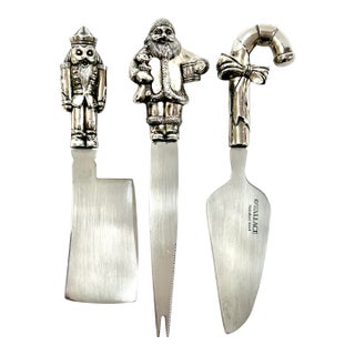 1990s Wallace Silversmiths Christmas Cheese Serving Set, Santa, Nutcracker & Candy Cane For Sale
