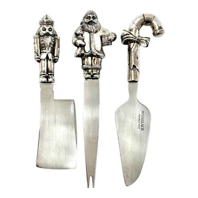 1990s Wallace Silversmiths Christmas Cheese Serving Set, Santa, Nutcracker & Candy Cane For Sale