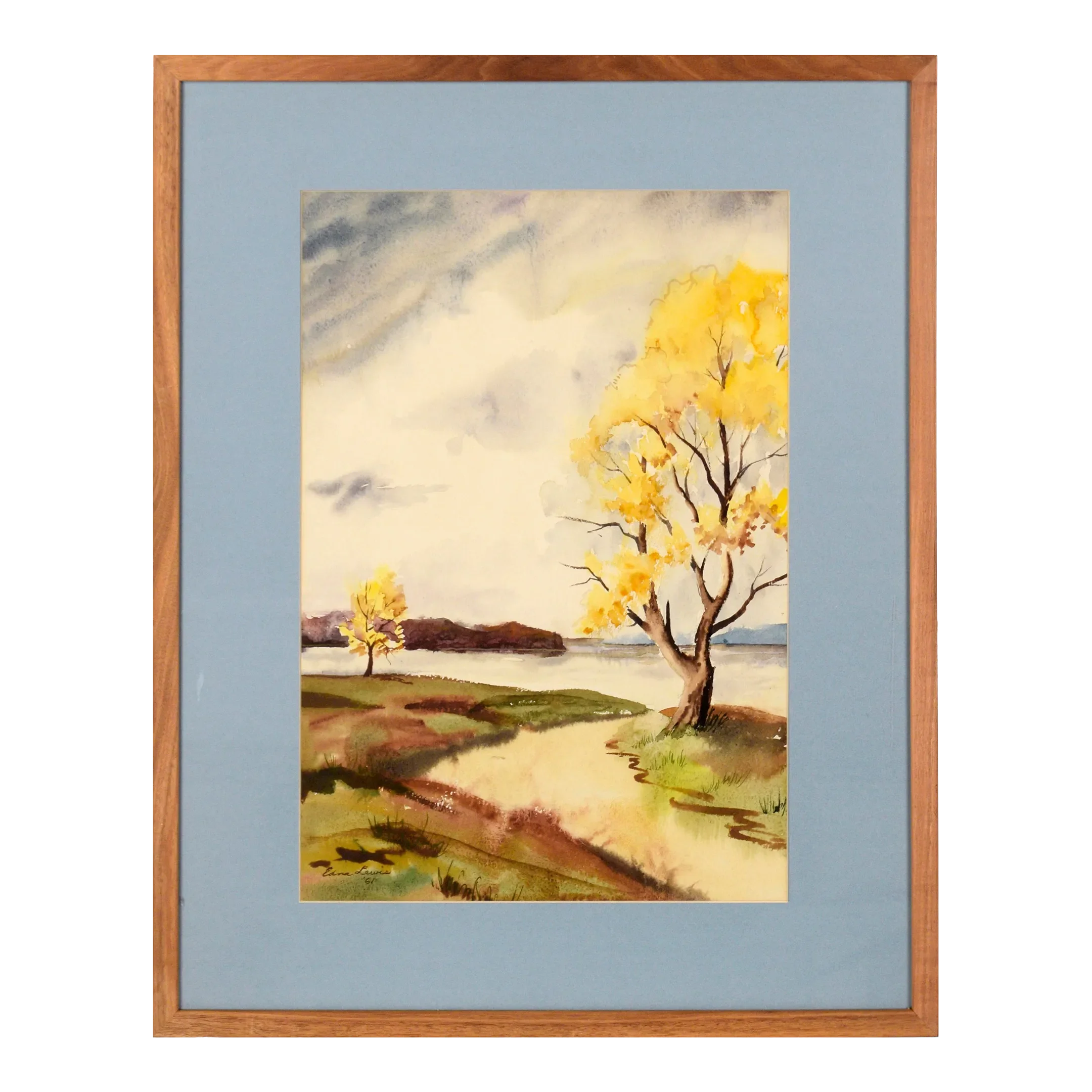 絵画 Evergreen Valley Lake Landscape With Yellow Trees - Watercolor on Paper by
