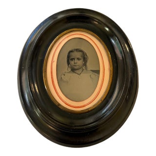 Antique 1860s Child Tintype Portrait in Ebonized Oval Frame With Convex Bubble Glass For Sale