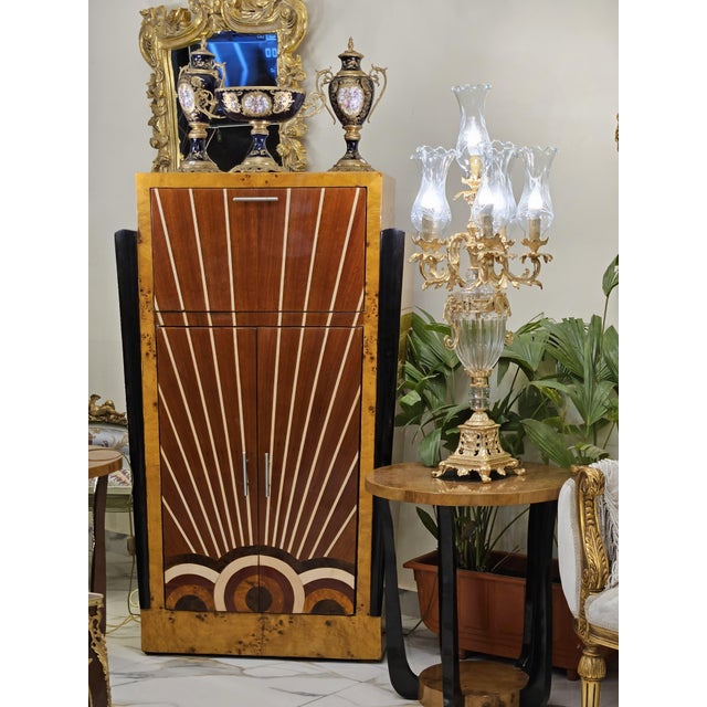 Art Deco Art Deco Birdseye Maple & Black Cabinet – Geometric Sunburst Inlay, Two-Door Storage & Deco Design For Sale - Image 3 of 3