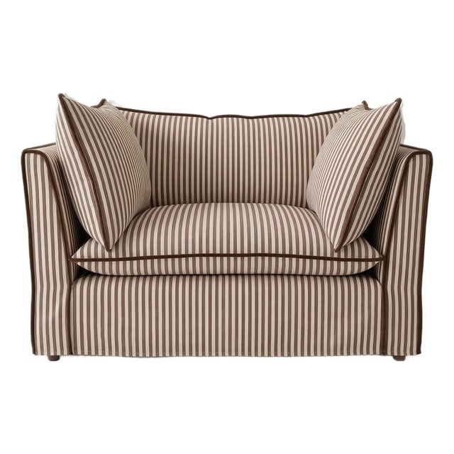 Sophie Conran Coco Loveseat Narrow Chocolate Stripe with Piping with Knife Edge Cushion For Sale