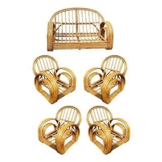 1950s Restored 4-Strand Double Arch Speed Arms Rattan Sofa & Chairs Livingroom Set of 5 For Sale