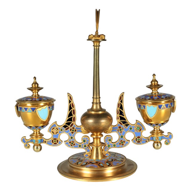 Antique Inkwell, Brass Enameled, Butterfly, Inkstand, France, 1880 For Sale