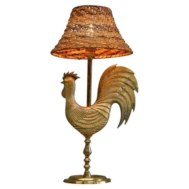 French Rooster Table Lamp in Brass and Rattan from Le Coq dOr, 1960s For Sale - Image 14 of 14