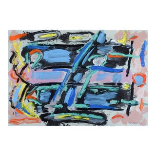 Abstract Blue, Black & Pink Jerry Adams Painting on Paper For Sale